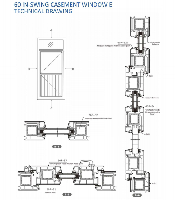 60 In-swing casement window and door E series UPVC profies